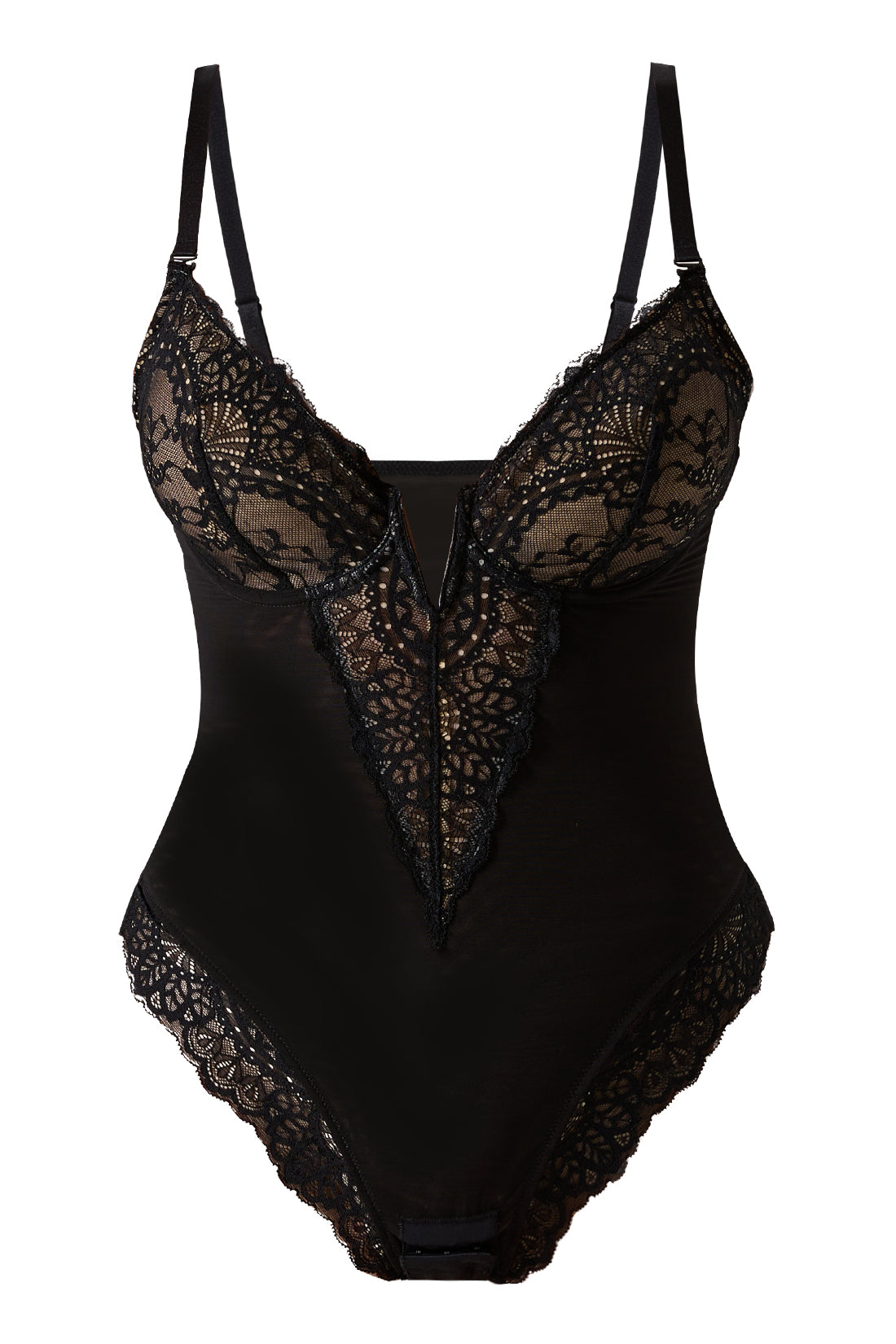 Bodysuit-Shapewear mit tiefem V-Ausschnitt aus Spitze