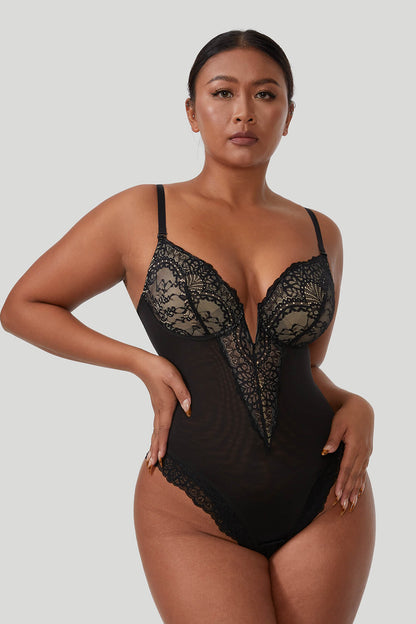 Bodysuit-Shapewear mit tiefem V-Ausschnitt aus Spitze