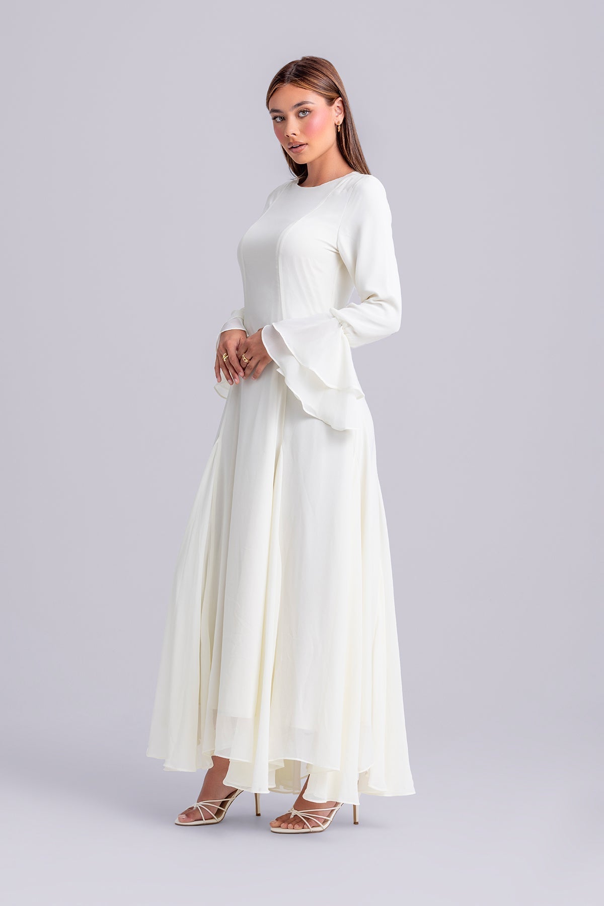 Dani | Chiffon-Maxikleid mit Rüschen - Elfenbein